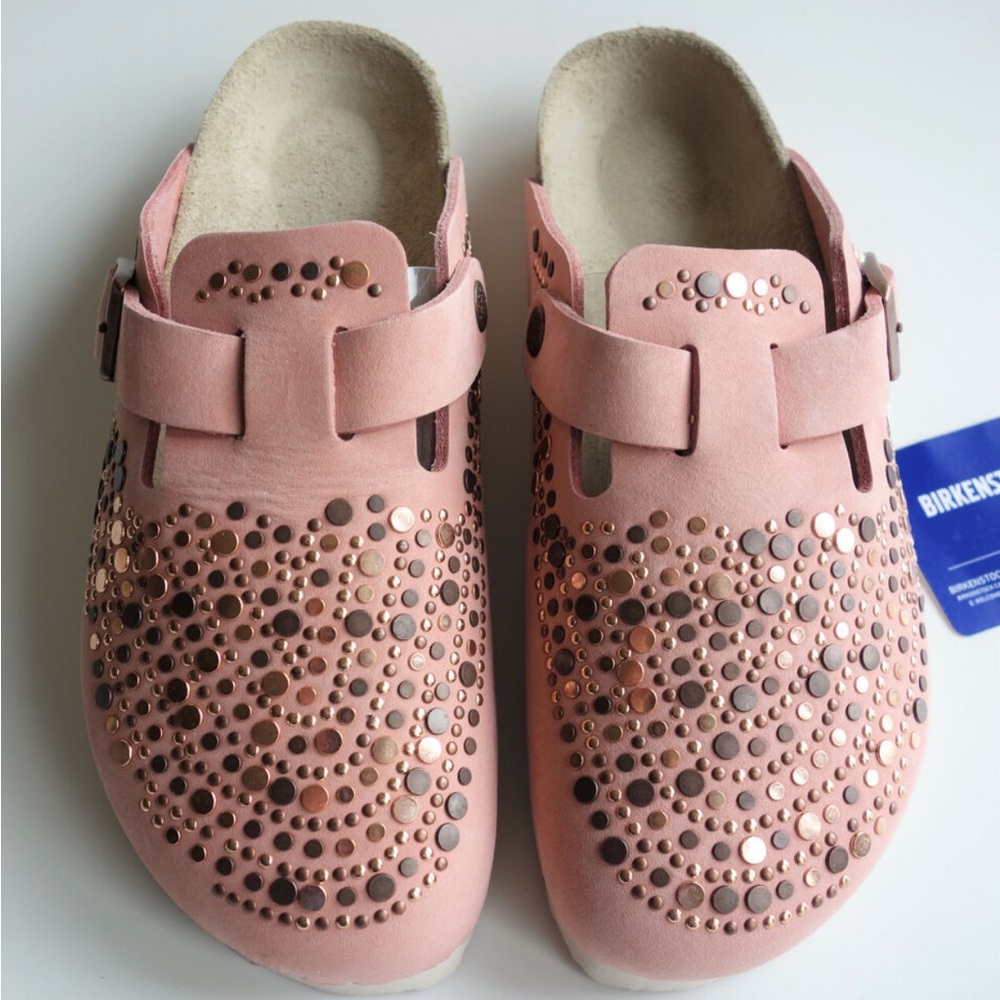 Birkenstock Pink Mules with Metallic Accents